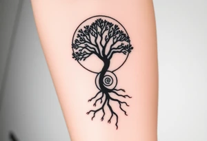 Tree inside of sun, spiral circle line moving roots to the right tattoo idea