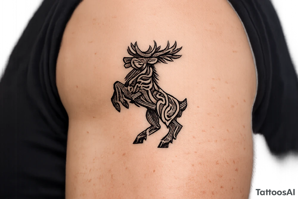 Caribou in Norse knot work open line concept mammen style stipple shading with animal on rear legs just animal no base or background tattoo idea