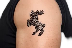 Caribou in Norse knot work open line concept mammen style stipple shading with animal on rear legs just animal no base or background tattoo idea