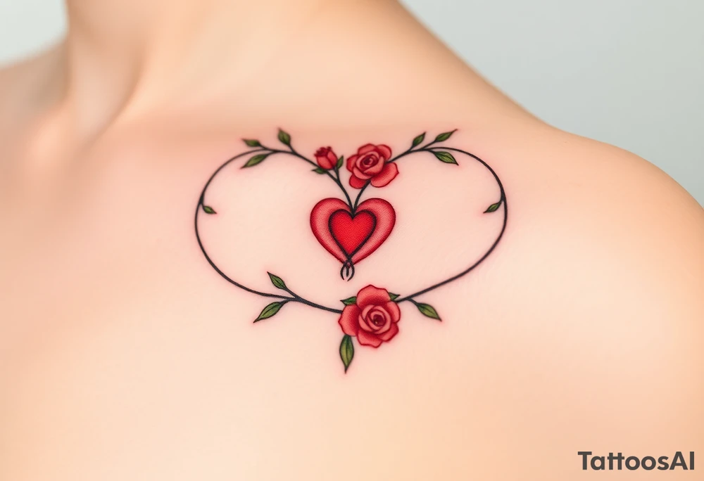 Full infinity symbol made out of vine banches with delicate roses and a heart at its center, in soft red and green hues tattoo idea