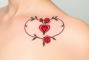 Full infinity symbol made out of vine banches with delicate roses and a heart at its center, in soft red and green hues tattoo idea