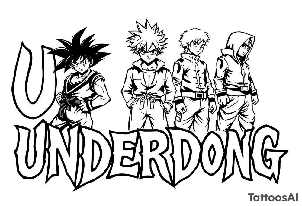 the word underdog in a with 3 anime characters Goku  and Naruto and ippo the boxig anime one standing in the middle one standing on the right and one standing on the left
 above the word tattoo idea