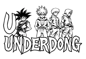 the word underdog in a with 3 anime characters Goku  and Naruto and ippo the boxig anime one standing in the middle one standing on the right and one standing on the left
 above the word tattoo idea