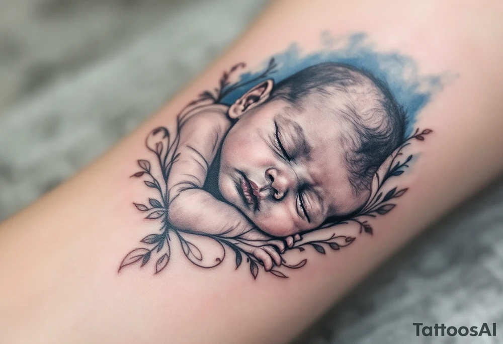 A realistic portrait of a sleeping baby boy in black and grey, with a soft blue background fade. tattoo idea
