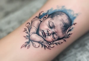 A realistic portrait of a sleeping baby boy in black and grey, with a soft blue background fade. tattoo idea