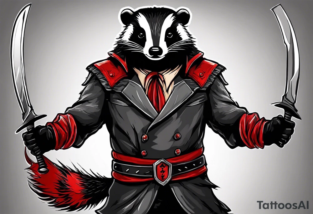 Draw me psychopath badger/Warrior with aggressive full body, killer face with a smile, very long nails and he attacks like a Bloody Warrior to us and also, he has very deadly looking. He fights with his nails. Everybody scares after their first sight. Give me horror type Badger Tattoo. I want to see his full body. tattoo idea