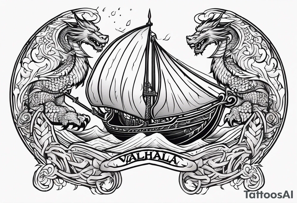 Valhalla sword shield viking ship dragon head tattoo idea