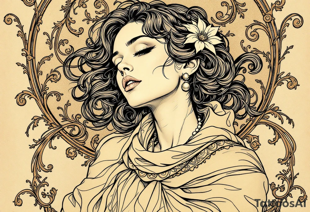 Alfons Mucha’s art nouveau woman with pearl earrings, flowing beige scarf, and a backdrop of swirling bronze flourishes. tattoo idea