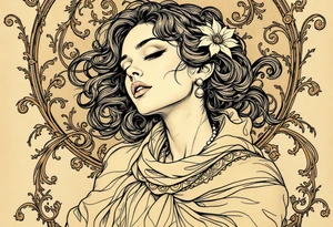 Alfons Mucha’s art nouveau woman with pearl earrings, flowing beige scarf, and a backdrop of swirling bronze flourishes. tattoo idea