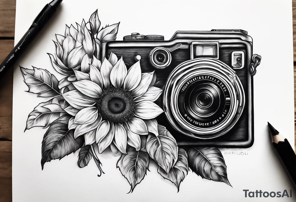 sunflower, camera, flower rose , book tattoo idea