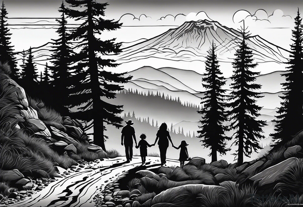 A shadow of a family of four walking through the Pacific northwest landscape. Faith centered and add Mexican culture tattoo idea