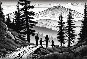 A shadow of a family of four walking through the Pacific northwest landscape. Faith centered and add Mexican culture tattoo idea