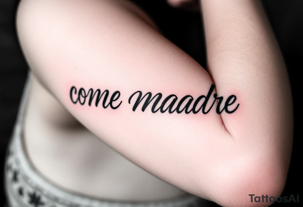 i want the phrase “ come madre” in script writing on a female on the inside of her left arm where the elbow crease is tattoo idea