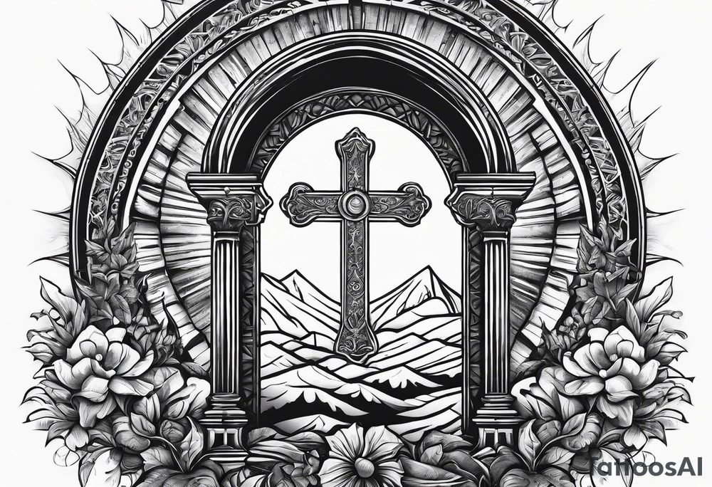 Tomb with cross and sun in the background tattoo idea