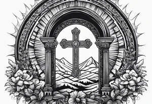 Tomb with cross and sun in the background tattoo idea