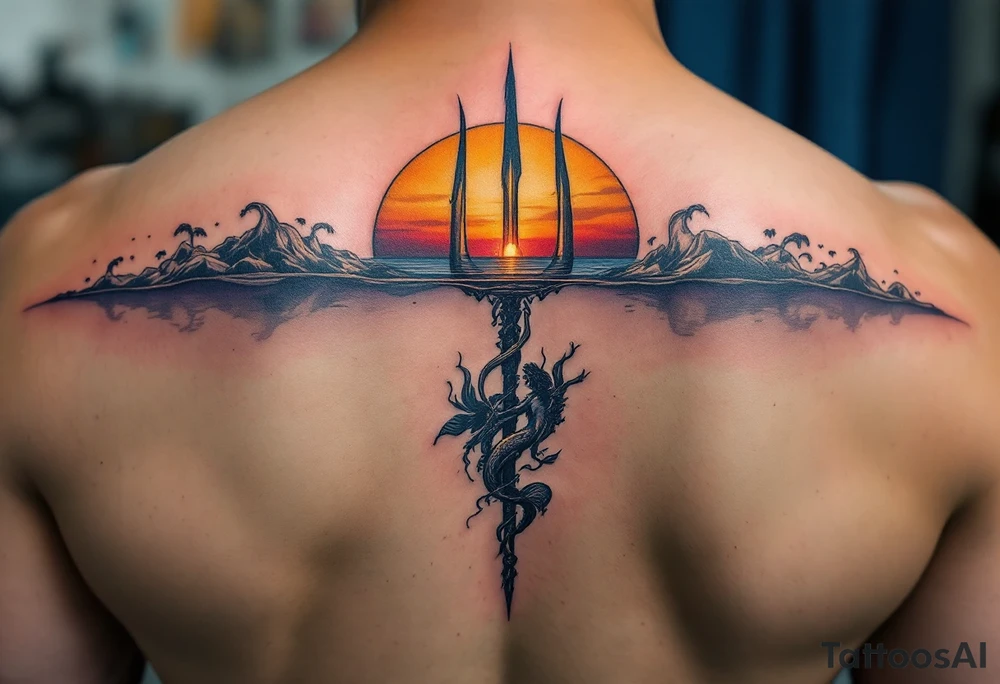 trident half way under calm water with sunset and mermaid tattoo idea