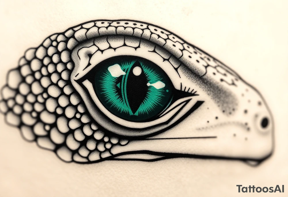 "A hyper-detailed close-up of a lizard eye, realistic scales texture, emerald green and black ink style, small tattoo design (3-5 cm), sharp lines, stippling shading, minimalist background, high contrast, suitable for forearm or wrist. Trending on Pinterest, Behance. Do not include full face, only the eye area. tattoo idea