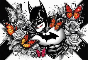 Small Batman and joker with Harley Quinn tattoo with butterflies and lots of color tattoo idea