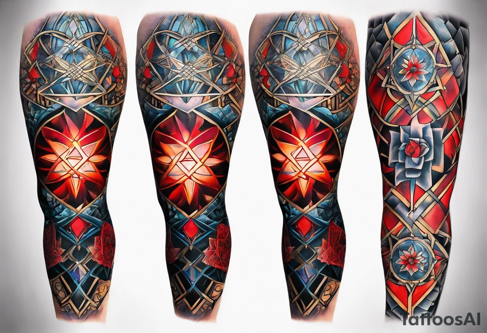 Daniel Silva Knee tattoo with tints of red and sacred geometry tattoo idea