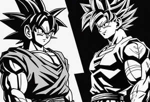 Portrait of Goku from dragon ball z shooting off a Kamehameha and underneath that a Portrait of his child hood home and underneath that a Portrait of his wife chi-chi in her fighting outfit tattoo idea