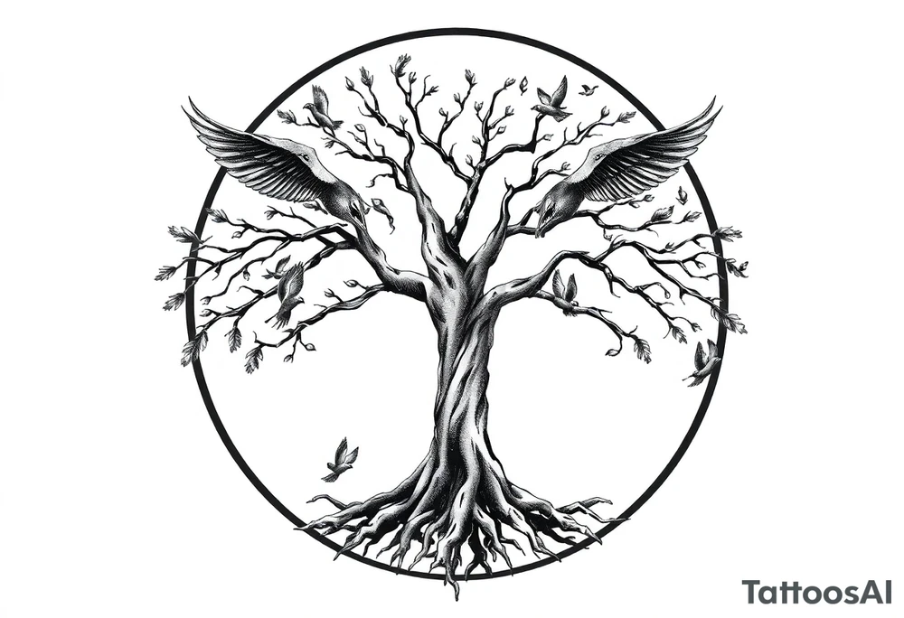 Tree of life in a broken circle with birds flying out tattoo idea