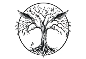 Tree of life in a broken circle with birds flying out tattoo idea