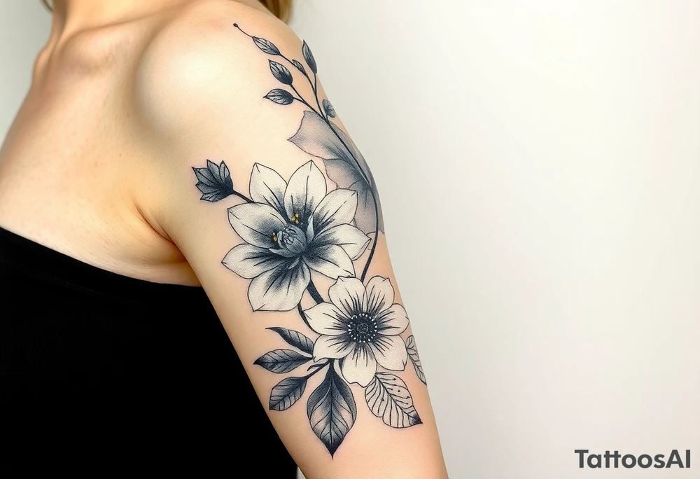 floral composition with japanese vibe, mutiple ornemental patern and leaf, dot geometric ornement, lycoris tattoo idea