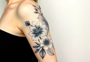 floral composition with japanese vibe, mutiple ornemental patern and leaf, dot geometric ornement, lycoris tattoo idea