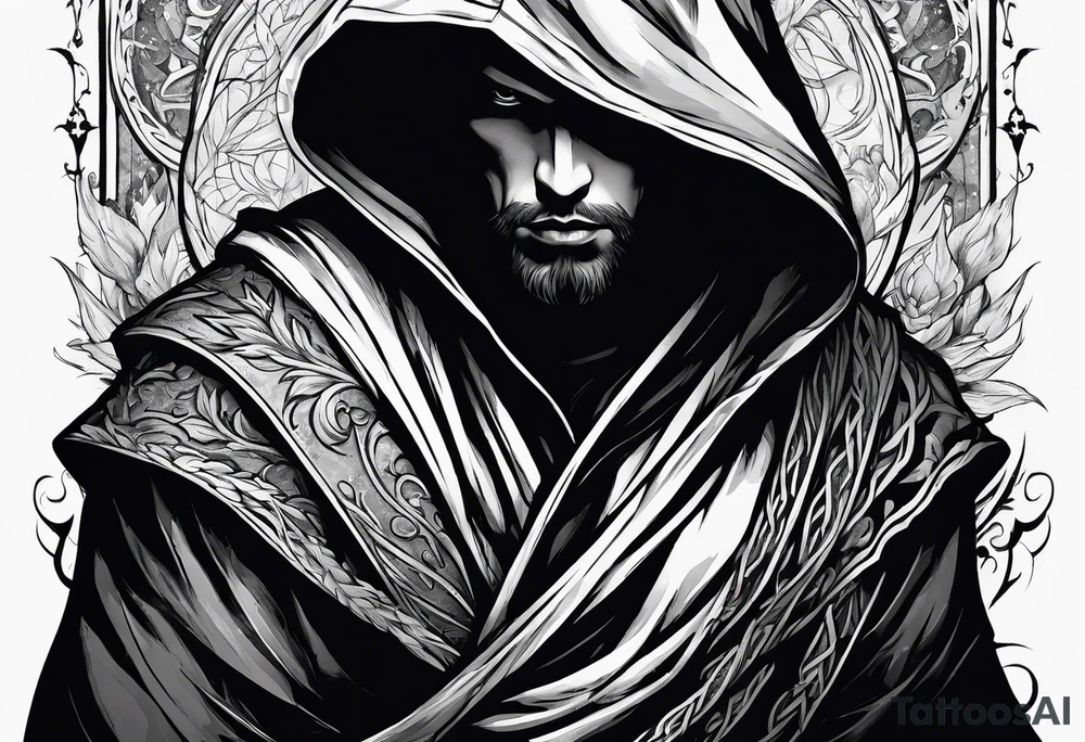 Hooded figure with shaded face carrying staff and wearing a long torn cloak tattoo idea