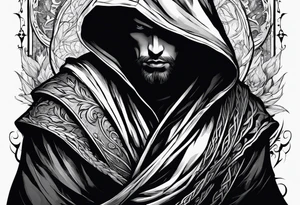 Hooded figure with shaded face carrying staff and wearing a long torn cloak tattoo idea