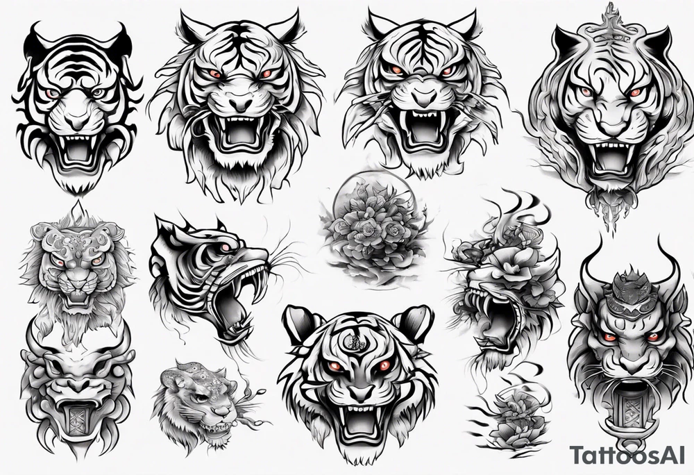 Ancient mythical tiger like creature on a sleeve tattoo idea