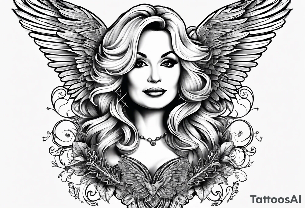 An angelic tattoo featuring Dolly Parton, an acorn, wings tattoo idea