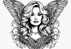 An angelic tattoo featuring Dolly Parton, an acorn, wings tattoo idea