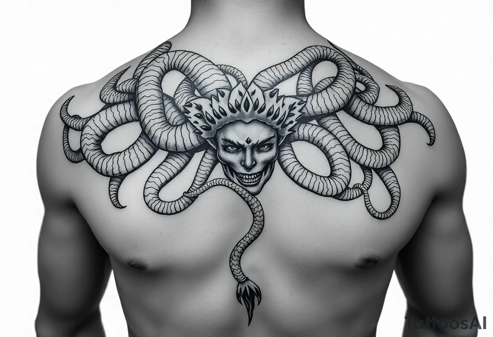 A Beautiful sexy Medusa chest peice with her snake hair reaching my arms and shoulder. Black and white, realistic tattoo idea