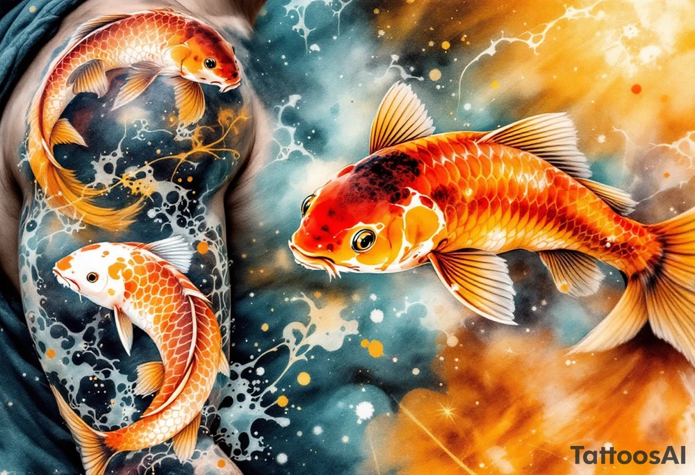 Orange and Yellow Koi with Sun Rays – A bright koi in warm sunset tones, highlighted by golden sunbeams streaming down through the water. tattoo idea