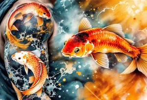 Orange and Yellow Koi with Sun Rays – A bright koi in warm sunset tones, highlighted by golden sunbeams streaming down through the water. tattoo idea