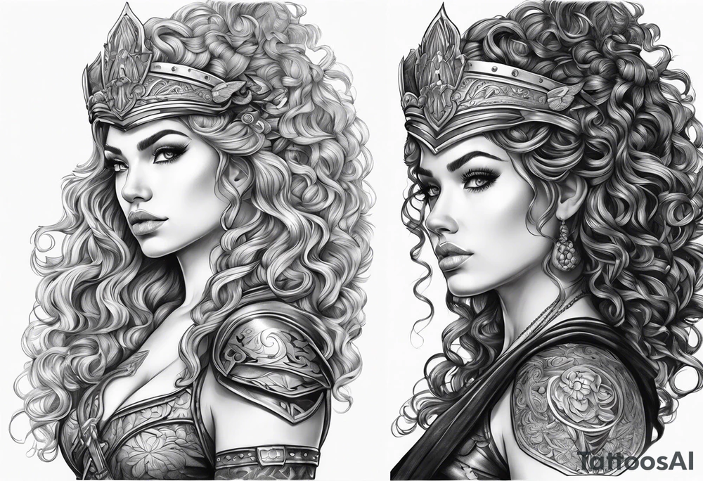 valkyrie curly hair half with sword sleeve arm tattoo idea