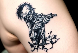 Zombie holding a shotgun, emerging from cracked earth, dark realism style. tattoo idea