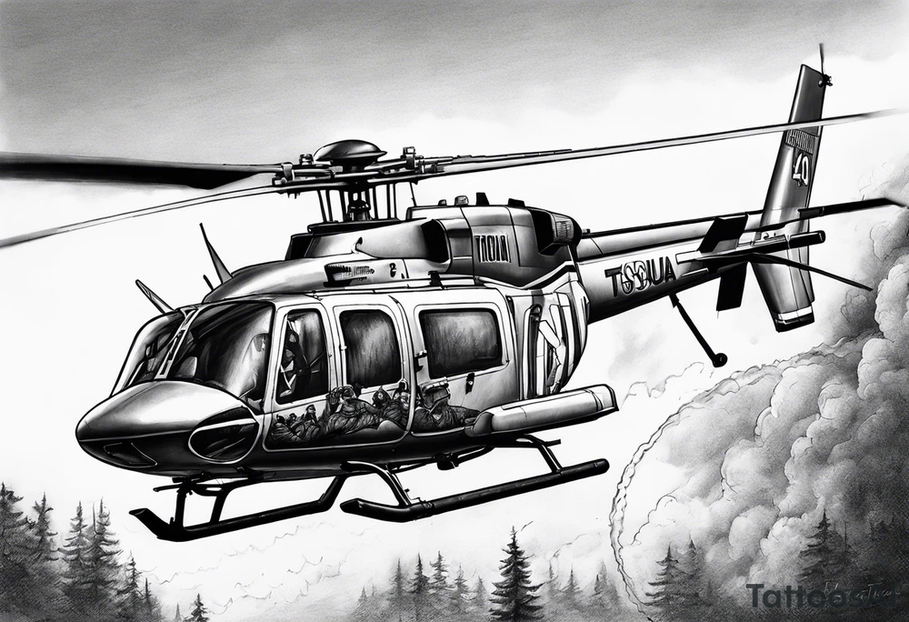 a bell 407 helicopter with the name "T. Sousa" on it, fighting a fire, with the pilot wearing night vision goggles. tattoo idea