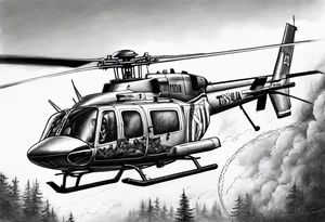 a bell 407 helicopter with the name "T. Sousa" on it, fighting a fire, with the pilot wearing night vision goggles. tattoo idea
