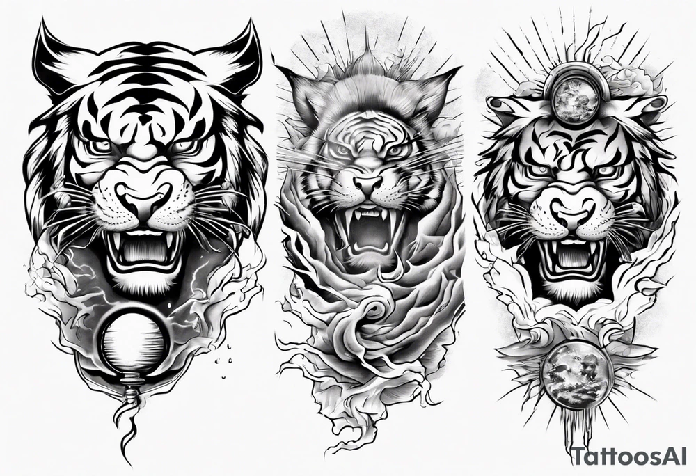 tiger warrior with lightning and the sun for a forearm sleeve tattoo idea