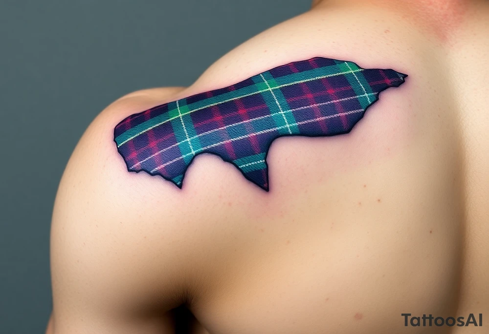 Side of arm Dark Purple with green pink blue and white highlights tartan fabric 
with skin ripping away at edges tattoo idea