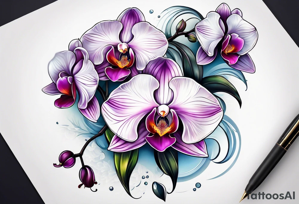 vertical minimal design with 
orchids tattoo idea