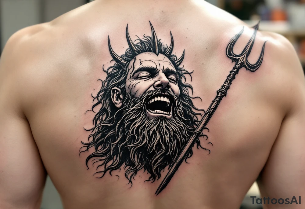 laughing poseidon, behind a trident, looking at the sky tattoo idea