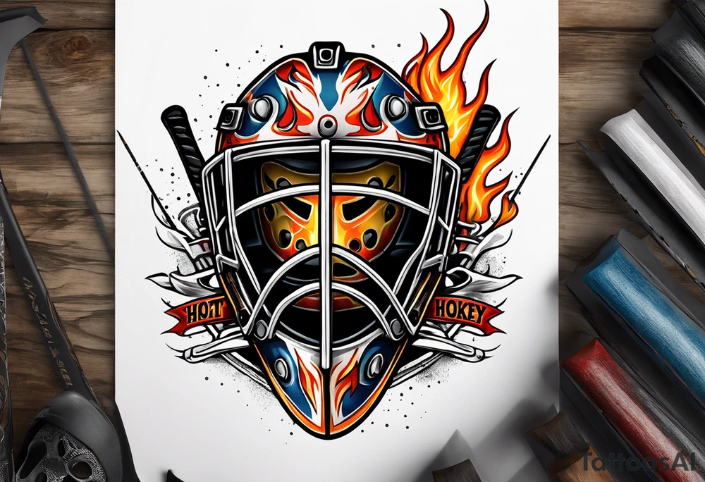 a puck hitting a goalie mask with crossed hockey sticks and flames that says "SHOT HOCKEY" tattoo idea