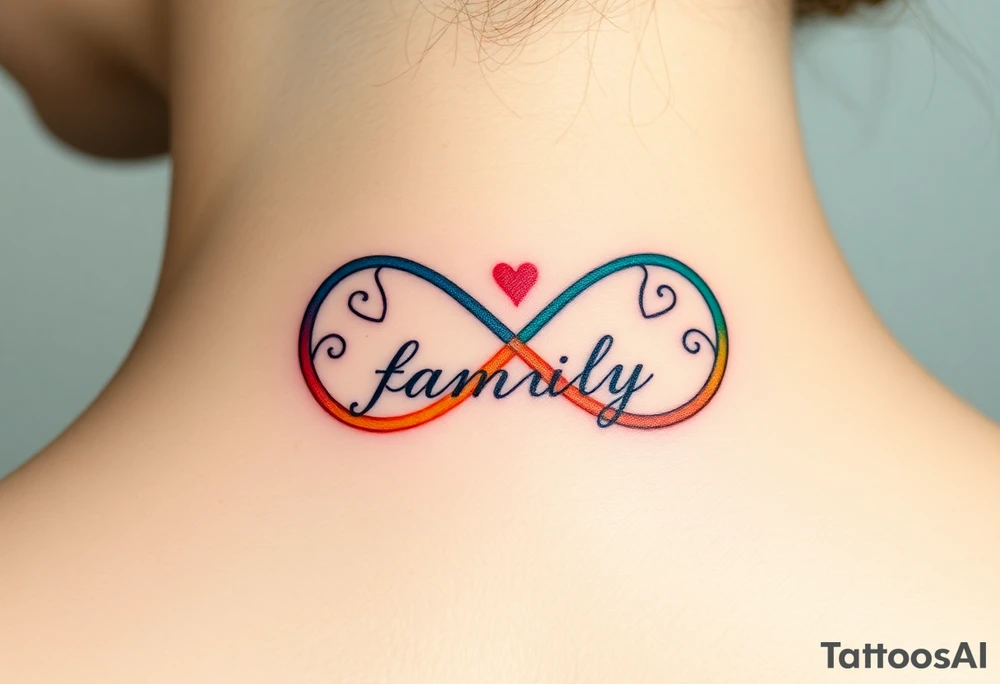 Rainbow Color infinity symbol and the word "family" engraved inside tattoo idea