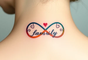 Rainbow Color infinity symbol and the word "family" engraved inside tattoo idea