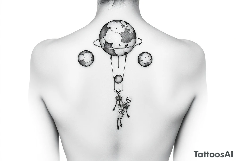 “Dead Orbit”
Theme: Isolation and quiet detachment.
Visual: Planets slowly drifting out of orbit up your spine, cracking and crumbling as they rise. Between them, little skeletal figures float in fetal positions—lost satellites.
Vibe: You’ve been drifting so long, silence feels like home. tattoo idea