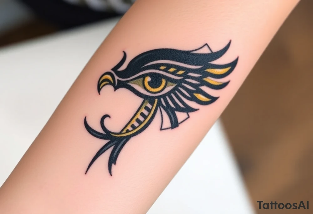 A bold black and gold Eye of Horus, with intricate hieroglyphs in the background tattoo idea