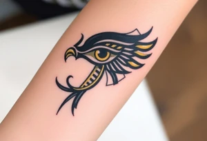 A bold black and gold Eye of Horus, with intricate hieroglyphs in the background tattoo idea